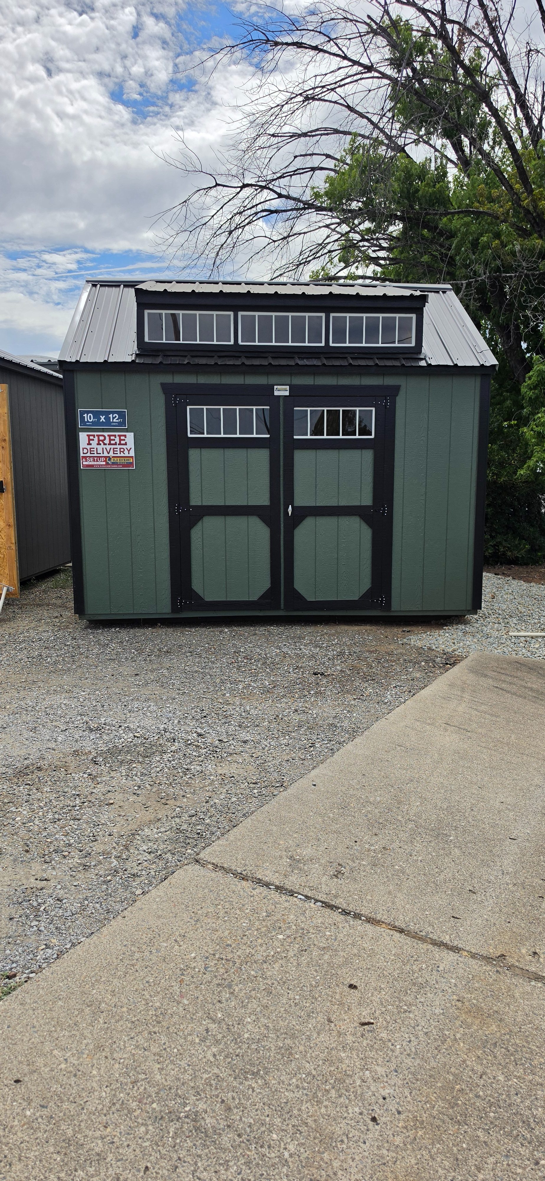 Old Hickory lofted barn, sage green with black trim